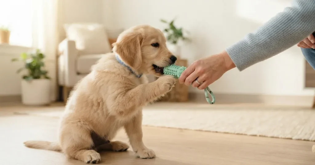 4 Month Old Golden Retriever Weight: A 4 month old golden retriever being redirected to a chew toy during the peak teething phase.