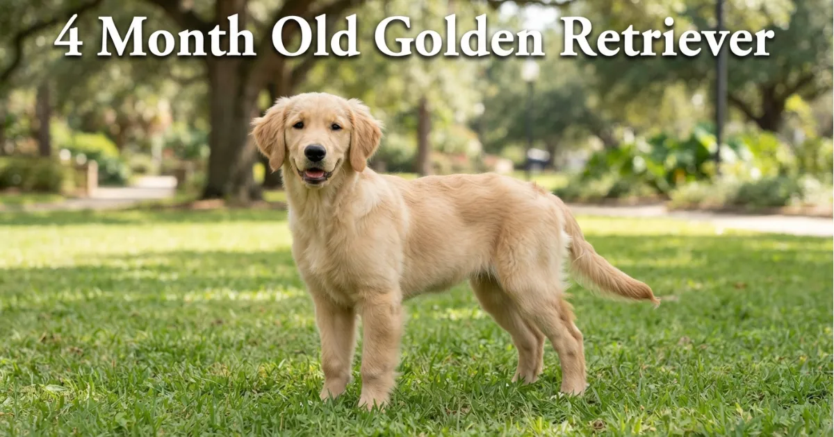 A 4 month old golden retriever standing outdoors showing its leggy, half-grown teenage build.