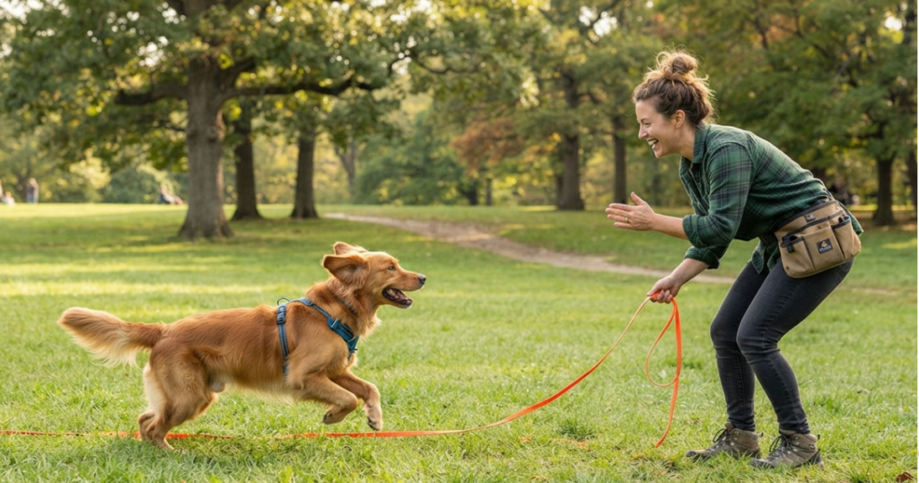 5 Month Old Golden Retriever Puppy: A 5 month old golden retriever practicing recall on a long line during a short reward-based training session.