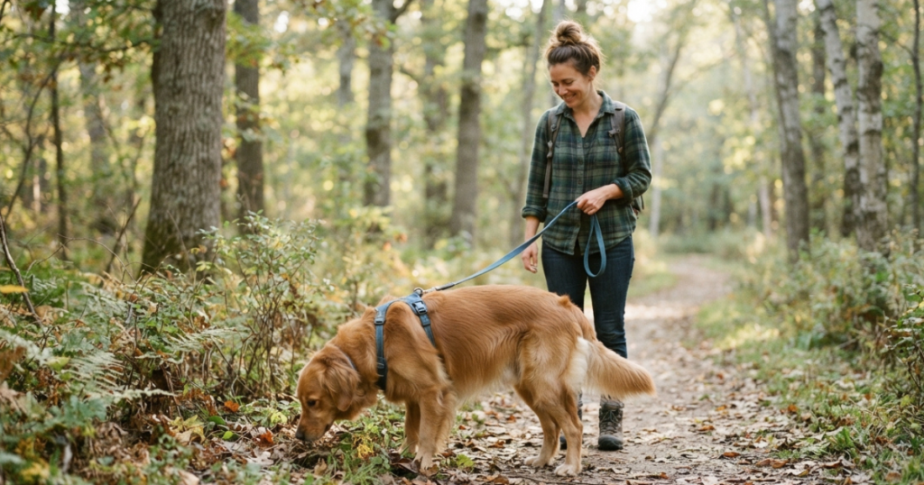 5 Month Old Golden Retriever Puppy: A 5 month old golden retriever on a short sniffing walk that respects its growing-joint exercise limits.