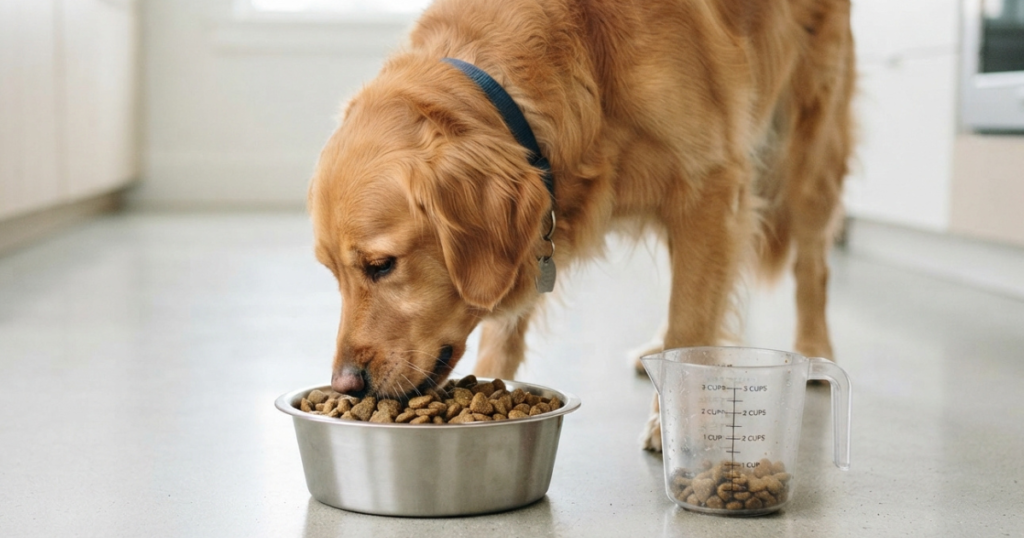 5 Month Old Golden Retriever Weight: A 5 month old golden retriever puppy eating a measured meal of large-breed puppy food.