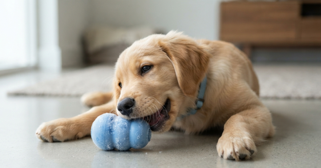 5 Month Old Golden Retriever Weight: A 5 month old golden retriever chewing a frozen toy to soothe sore gums as adult teeth finish coming in.