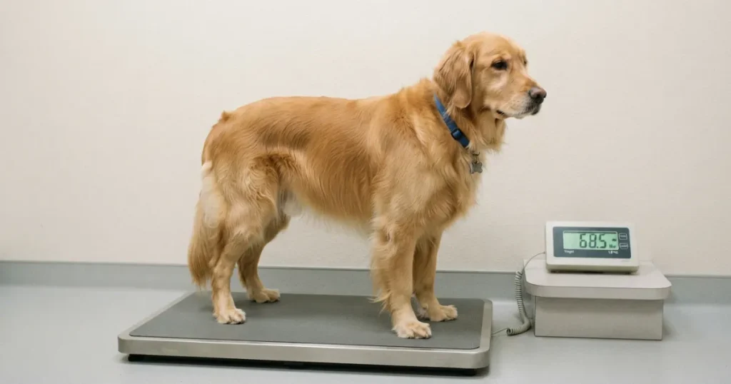 6 Month Old Golden Retriever: A 6 month old golden retriever being weighed to show a healthy range near forty-five pounds.