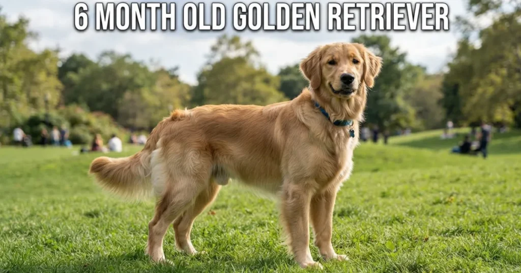 A 6 month old golden retriever standing outdoors showing its athletic, two-thirds grown adolescent build.