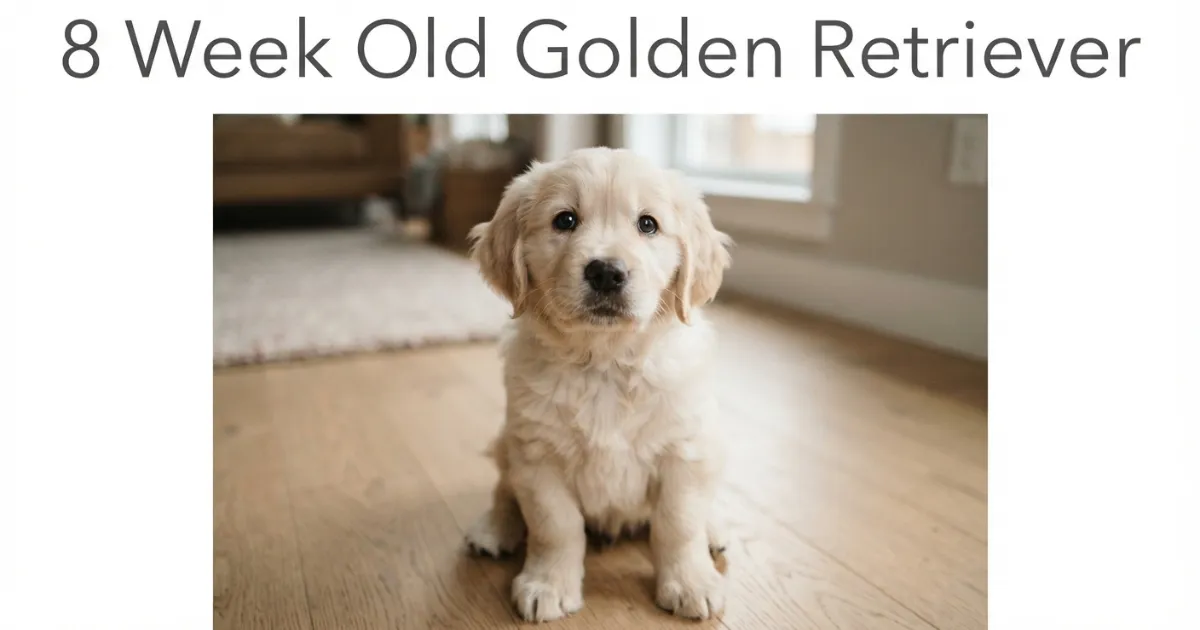 An 8 week old golden retriever puppy sitting and looking up to show its round puppy build.