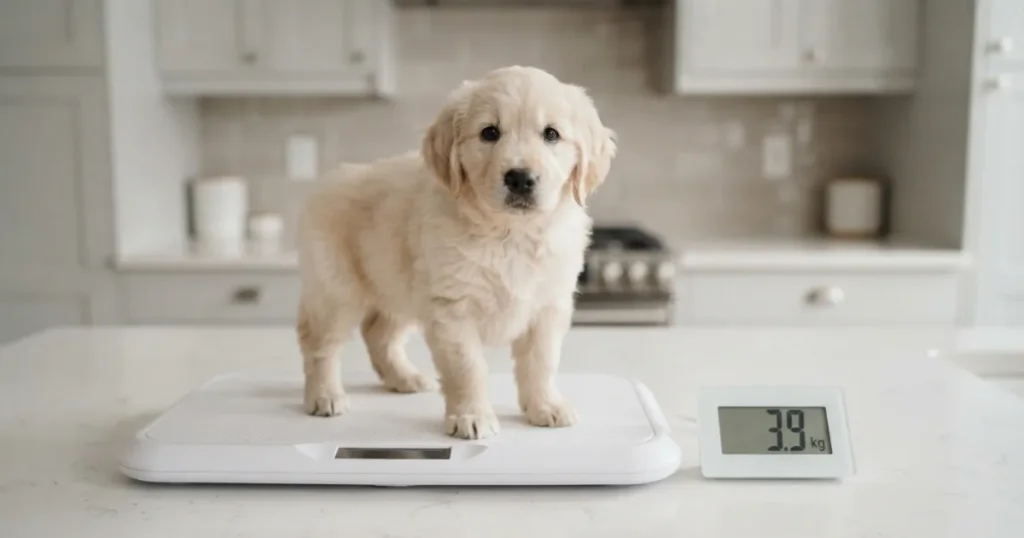 8 Week Old Golden Retriever: An 8 week old golden retriever being weighed on a scale to show a healthy ten pound range.