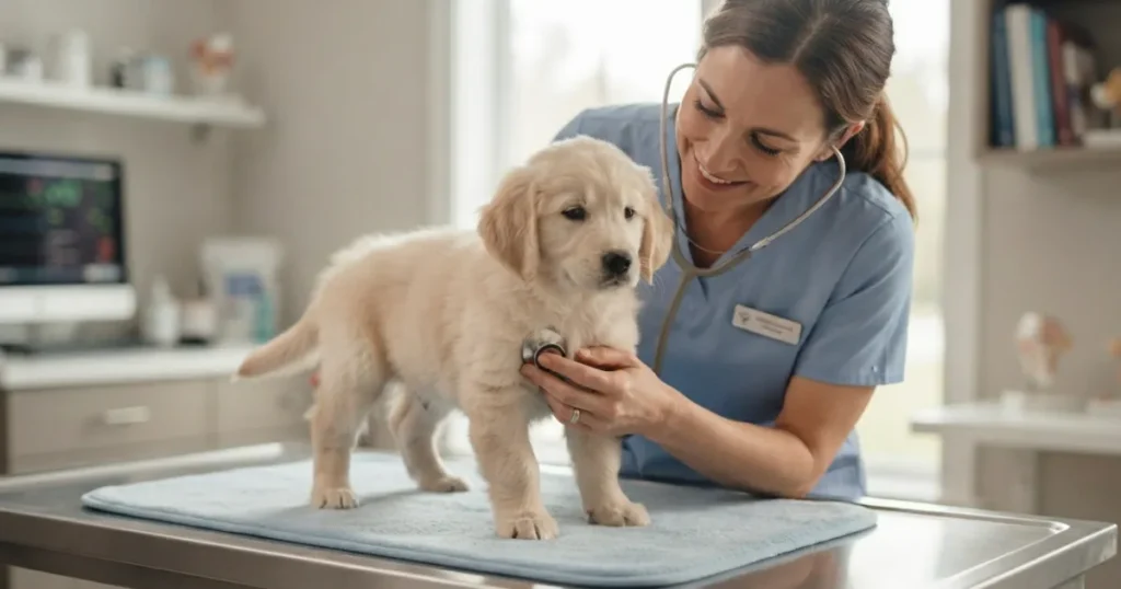 8 Week Old Golden Retriever Puppy: An 8 week old golden retriever puppy at its first vet visit for vaccinations and a health check.