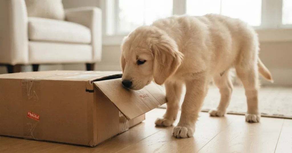 8 Week Old Golden Retriever Puppy: An 8 week old golden retriever puppy calmly exploring a new object during its early socialization window.