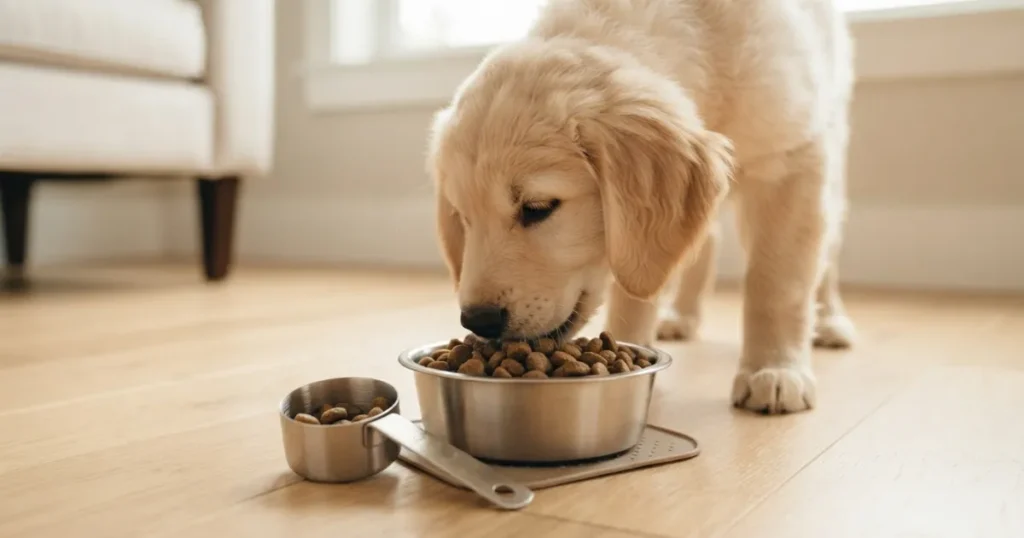 8 Week Old Golden Retriever Weight: An 8 week old golden retriever puppy eating measured large-breed kibble from a small feeding bowl.