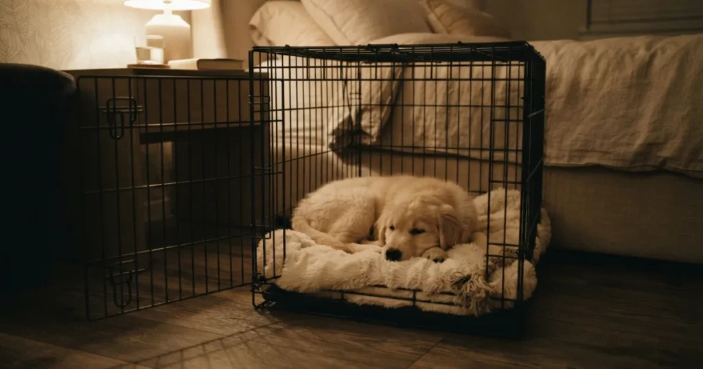 8 Week Old Golden Retriever Weight: An 8 week old golden retriever puppy settling into a crate beside a bed on its first night home.