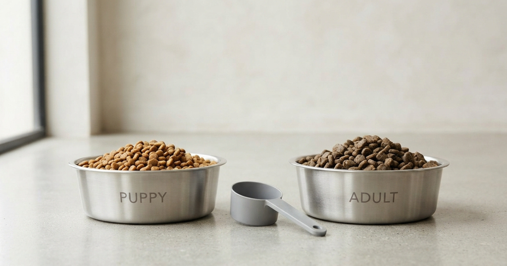 At What Age is a Dog an Adult: Puppy and adult food bowls side by side, illustrating when to switch a dog to adult food at maturity.