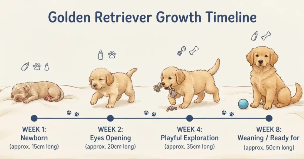 Baby Golden Retriever: Week by week timeline showing a golden retriever newborn growing and changing from birth to eight weeks.