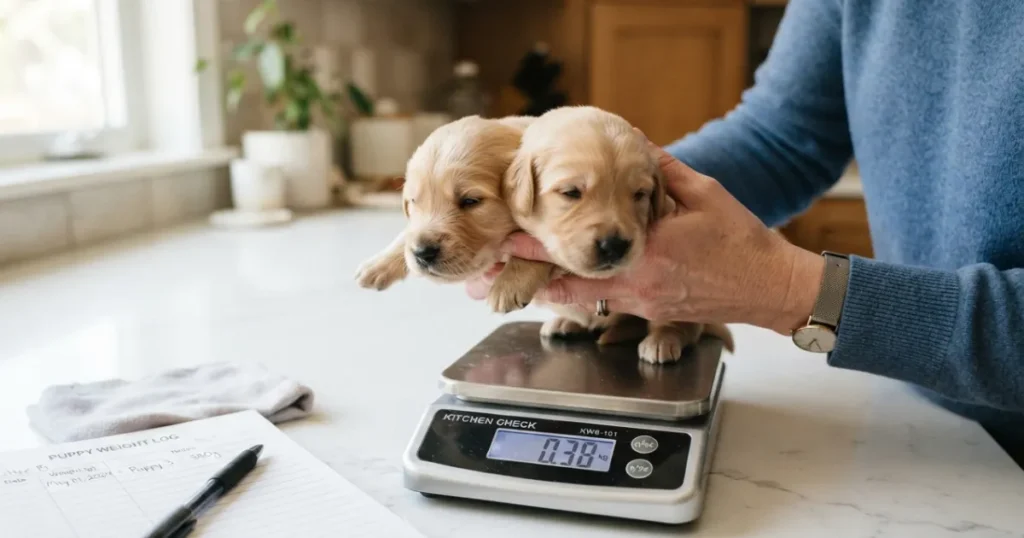 Baby Golden Retriever: A newborn golden retriever puppy being weighed daily on a kitchen scale to track healthy weight gain.