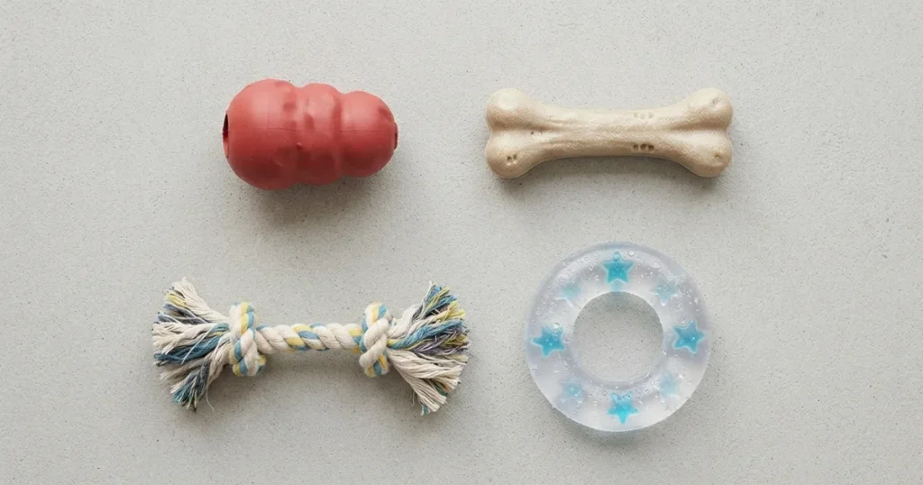 Safe Chew Toys For Puppies: A flat-lay of the main puppy chew toy types, from stuffable rubber to rope and freezable teethers.