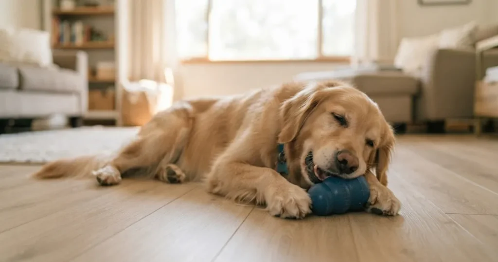 Golden Retriever 6 Months: A 6 month old golden retriever calmly chewing a durable toy now that its adult teeth are in.