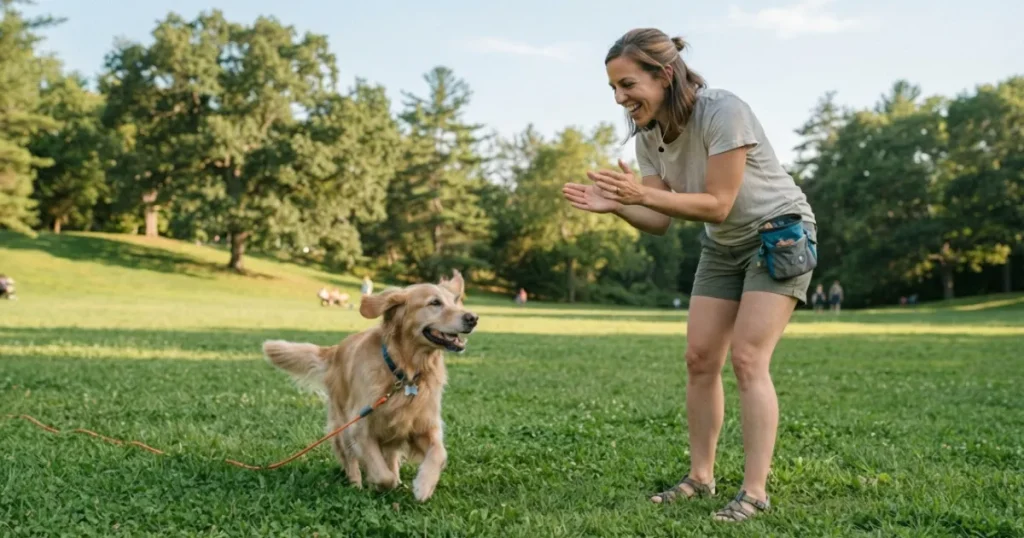 Golden Retriever 6 Months: A 6 month old golden retriever practicing recall on a long line during a short reward-based session.