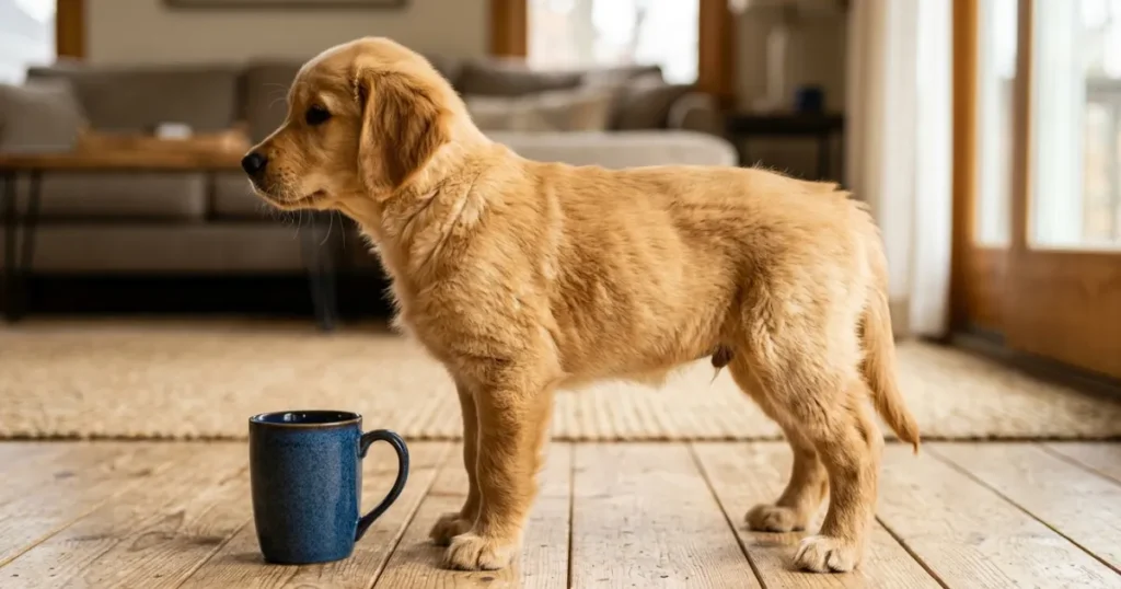 Golden Retriever Growth Chart: Golden retriever pup photographed side-on at twelve weeks old to show real puppy size and body condition.