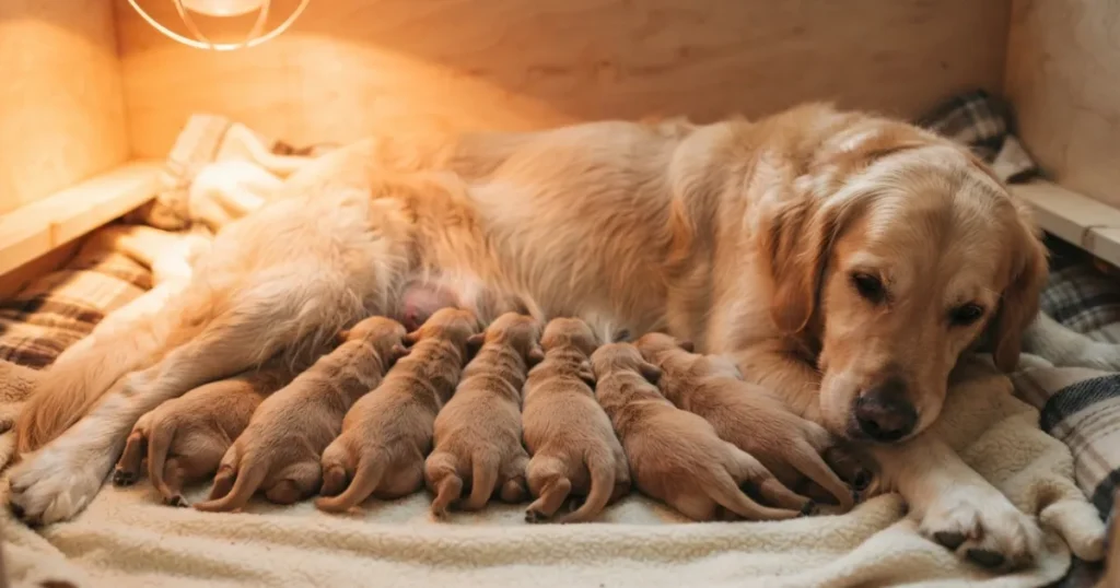 Golden Retriever Newborn Puppy: Newborn golden retriever puppies nursing from their mother in a warm whelping box during week one.