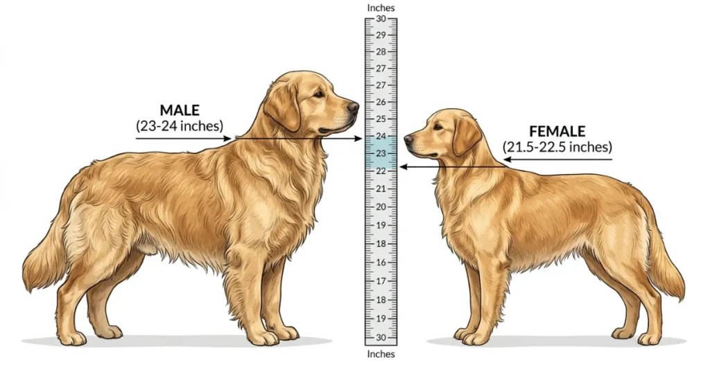 Golden Retriever Pup: Golden retriever height comparison illustration showing adult male and female shoulder height against an inch ruler.