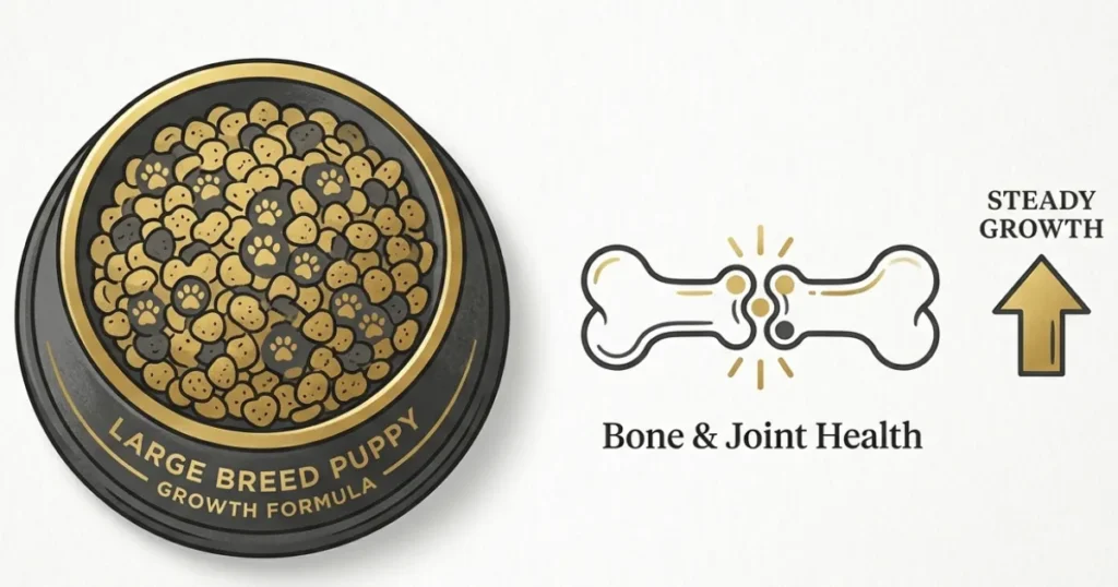 Golden Retriever Pup: Large-breed puppy feeding illustration supporting steady golden retriever growth and healthy joint development in the first year.