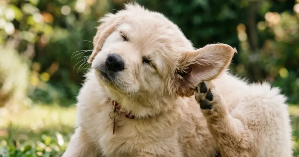 Golden Retriever Puppy Ears: Intense scratching can signal puppy ear mites, a common puppy ear care problem