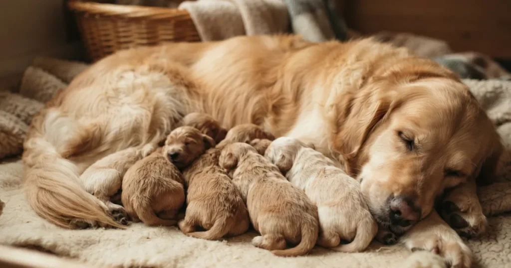 Newborn Golden Retriever Puppy: Golden retriever mother curled around her sleeping newborn litter, showing the warmth and care puppies depend on.