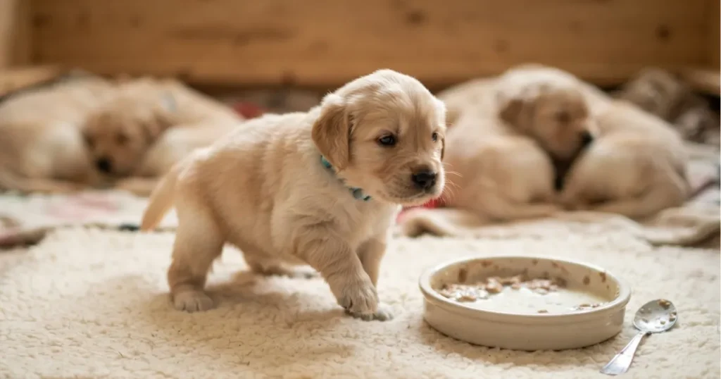 Newborn Golden Retriever Puppy: A baby golden retriever standing at three weeks beside a weaning dish as it begins eating solid food.