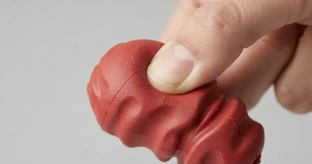 Puppy Chew Toys: A hand doing the thumbnail test on a rubber chew to check it is soft enough for a puppy.
