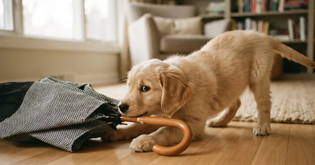 Puppy Development Stages: A puppy exploring a new object, illustrating a behavioral milestone in the socialization stage.