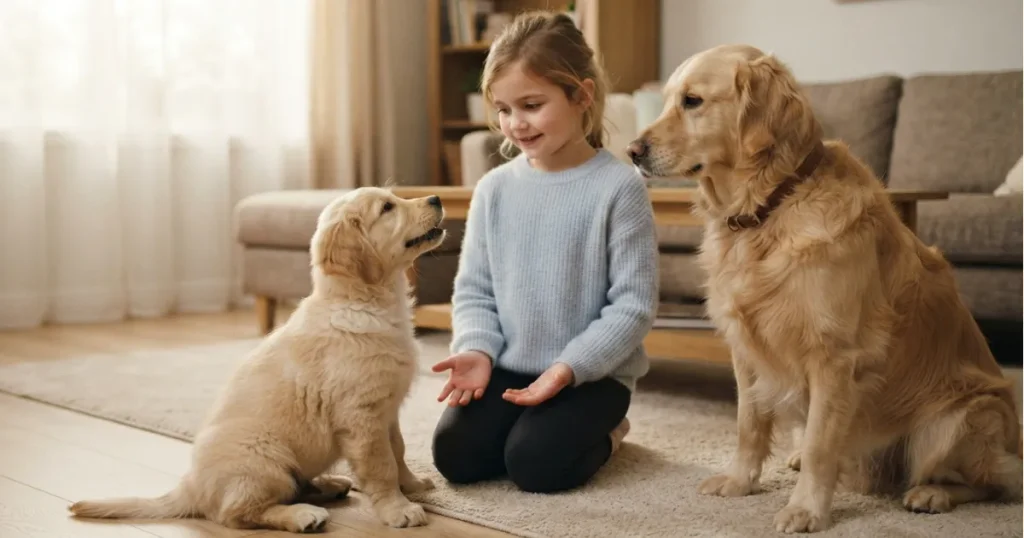 Puppy Growth Stages: A puppy in the socialization stage calmly meeting new people and a friendly dog during its key window.