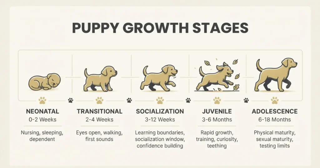 Puppy Development Stages: A timeline graphic marking key puppy milestones by age from eyes opening to emotional maturity.