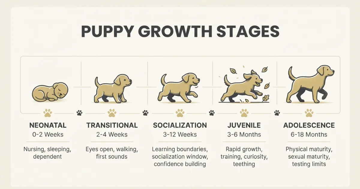 Infographic of the five puppy growth stages from neonatal to adolescence shown as a simple labeled timeline.