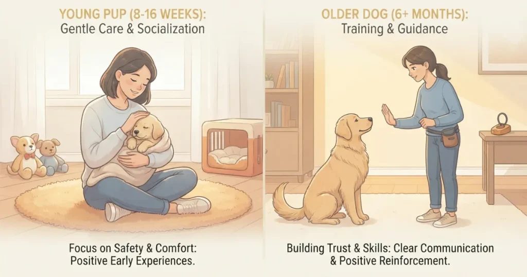 Puppy Developmental Milestones: An owner matching care to different puppy growth stages, from gentle handling to training an older puppy.