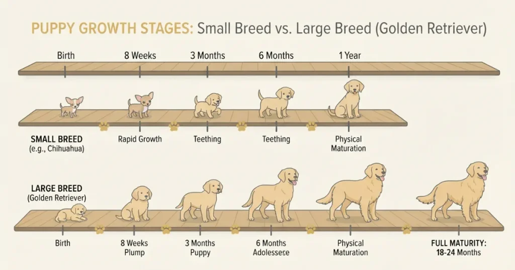 Puppy Milestones: Illustration comparing puppy growth stages in a small breed versus a large breed golden retriever.