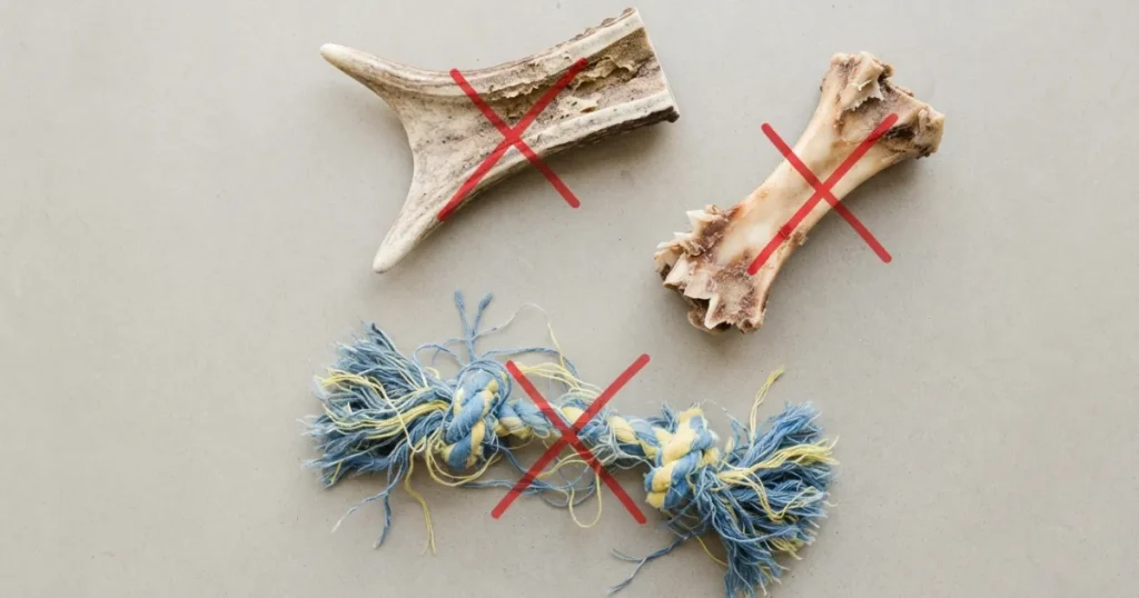 Safe Chew Toys For Puppies: A flat-lay of chew toys to avoid for puppies, including antlers, bones, and shreddable fabric.