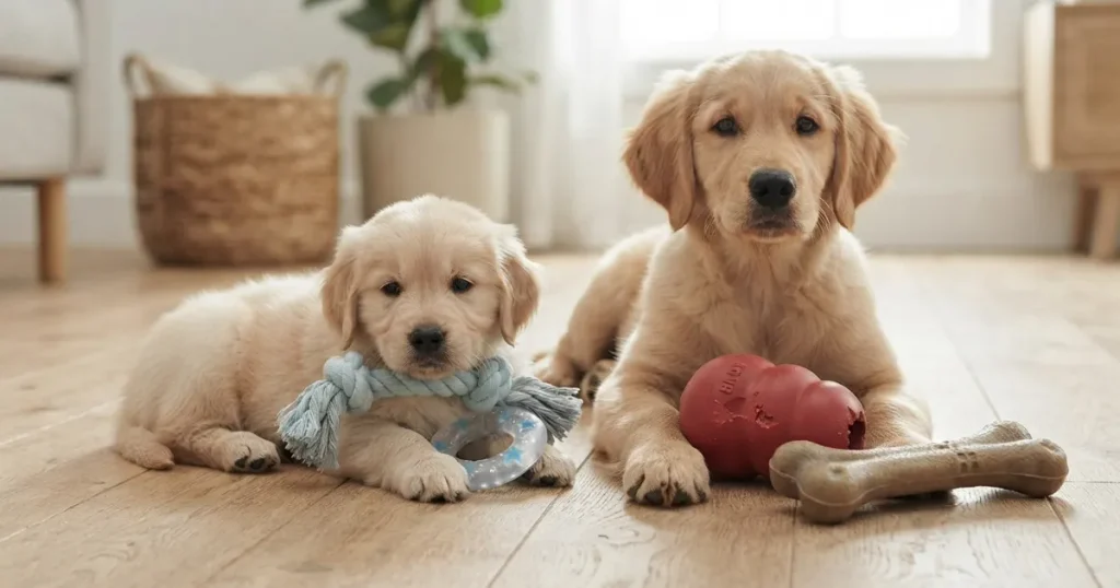 Appropriate Chew Toys For Puppies: Puppies of different ages with age-appropriate chew toys, small and soft versus larger and tougher.