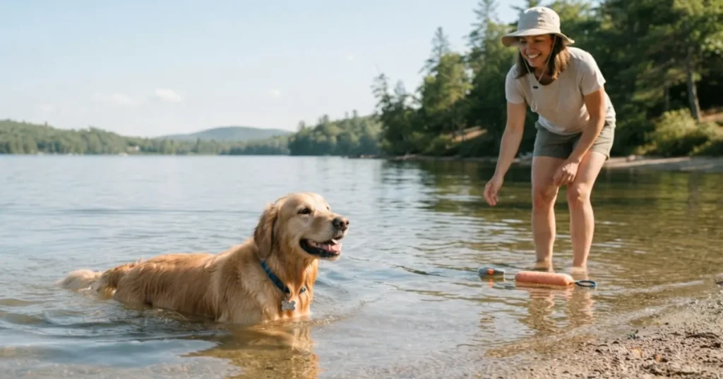 Six Month Old Golden Retriever: A 6 month old golden retriever swimming, a low-impact exercise that protects its still-growing joints.