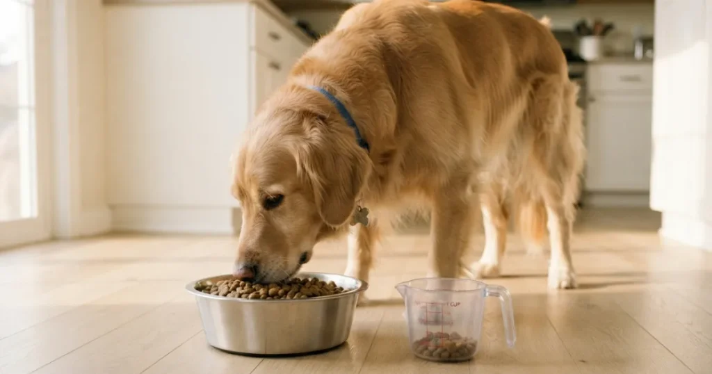 Six Month Old Golden Retriever: A golden retriever eating measured large-breed kibble from a stainless bowl, a measuring cup nearby on a tidy floor, morning light. 