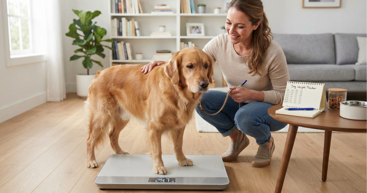 What Age is a Dog Considered an Adult: An owner weighing a dog to check for the steady weight that signals a dog is fully grown.