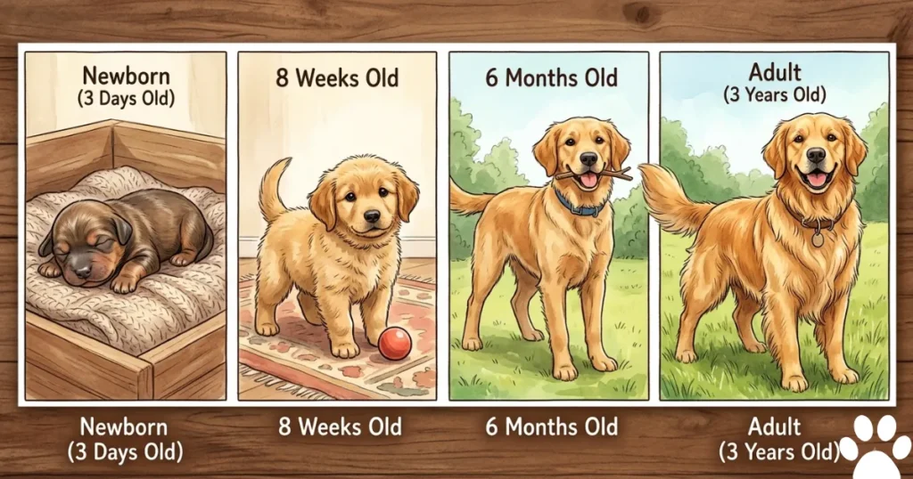 When Do Golden Retrievers Stop Growing: Golden retriever growth stages strip showing the same dog as a newborn, puppy, adolescent, and full adult.
