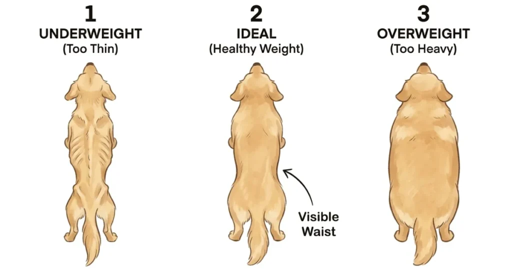 Golden Retriever Growth Chart: Golden retriever body condition chart showing underweight, ideal, and overweight shapes for healthy growth tracking.