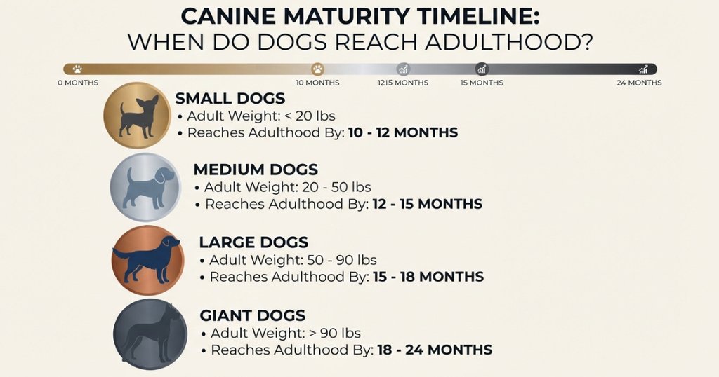 When is a Dog Considered an Adult: A size comparison graphic showing at what age small, medium, large, and giant dogs become adults.