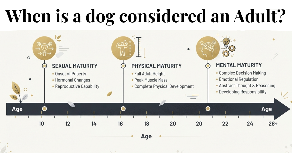An infographic showing the three kinds of dog maturity, sexual, physical, and mental, along an age timeline.
