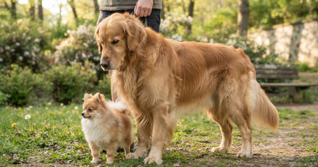 When is a Dog an Adult: A large golden retriever beside a small dog, illustrating how size affects when a dog is an adult.