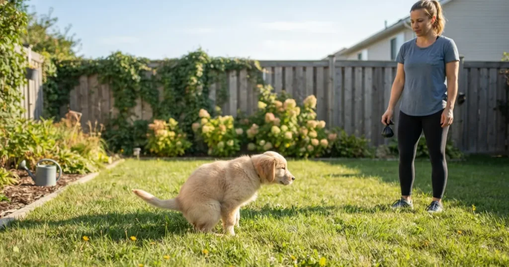 8 Week Old Puppy Schedule: An 8 week old golden retriever puppy going potty outside as part of a consistent potty schedule.