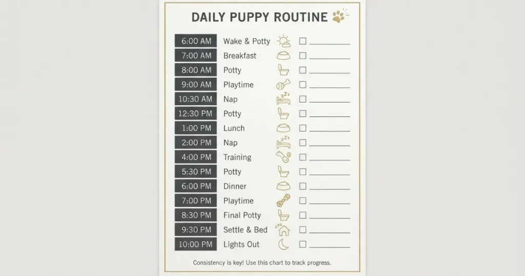 8 Week Old Puppy Schedule: A sample daily timetable graphic for an 8 week old puppy schedule with potty, meals, and naps.