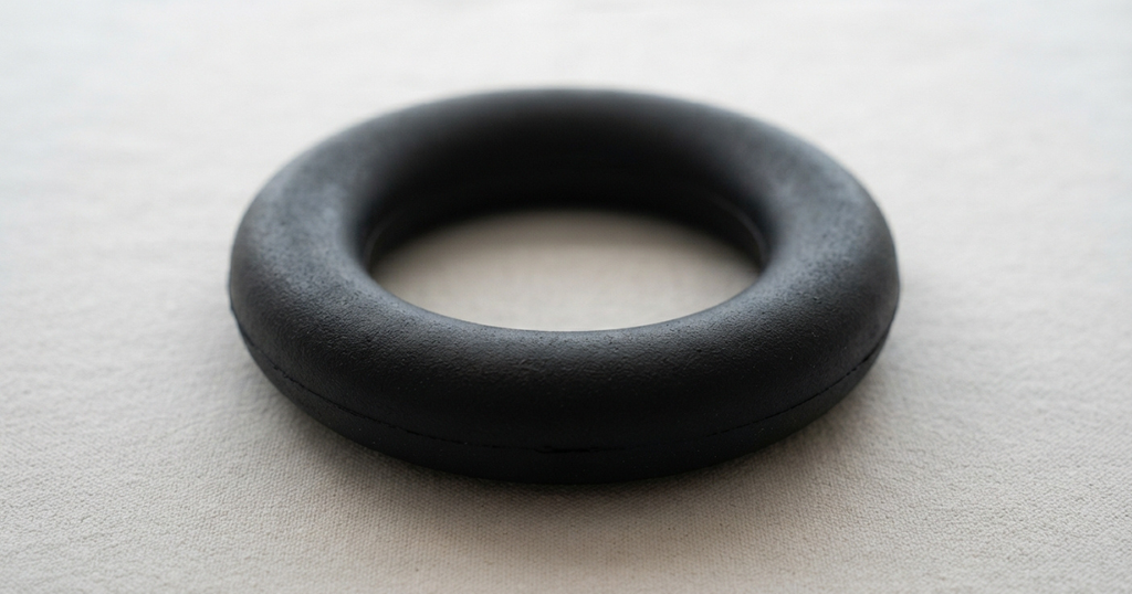 Best Dog Toys for Dogs That Chew: A close-up of a thick, dense one-piece natural rubber ring chew toy on a plain surface, emphasizing its seamless durable build. 