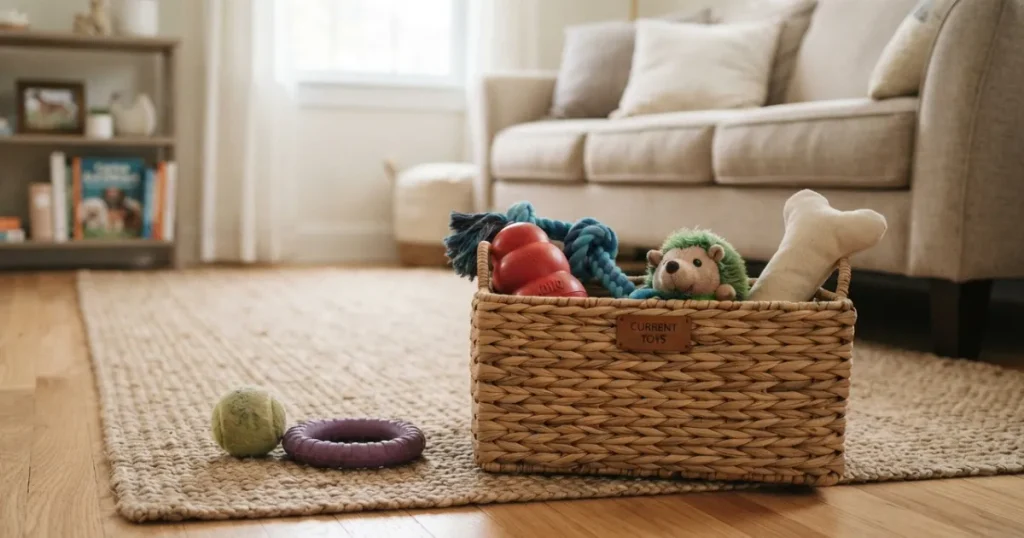 Best Dog Toys for Golden Retrievers: A small basket of golden retriever toys set up for rotation to keep a clever dog interested.