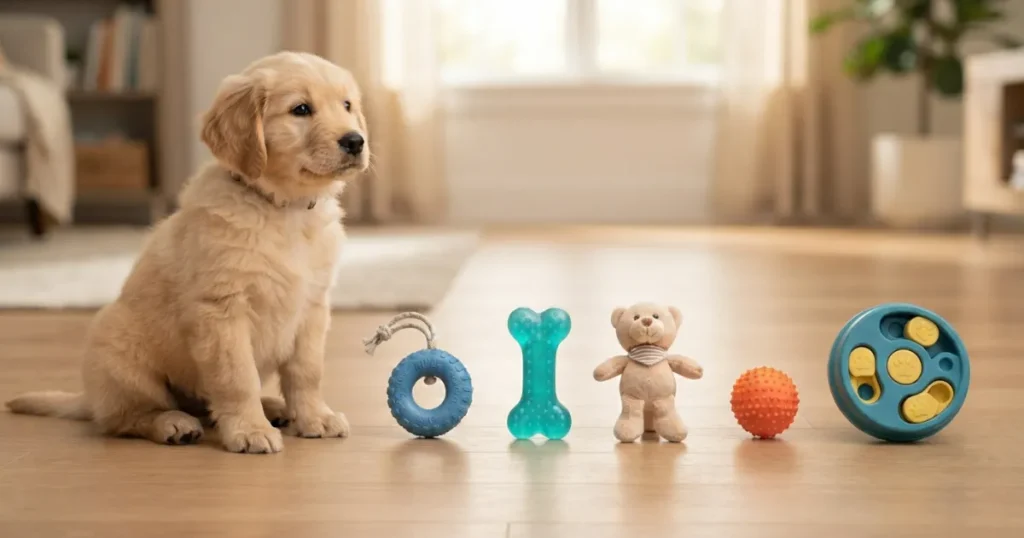 Best Puppy Toys: A golden retriever puppy beside the five must-have puppy toy types in a neat row.