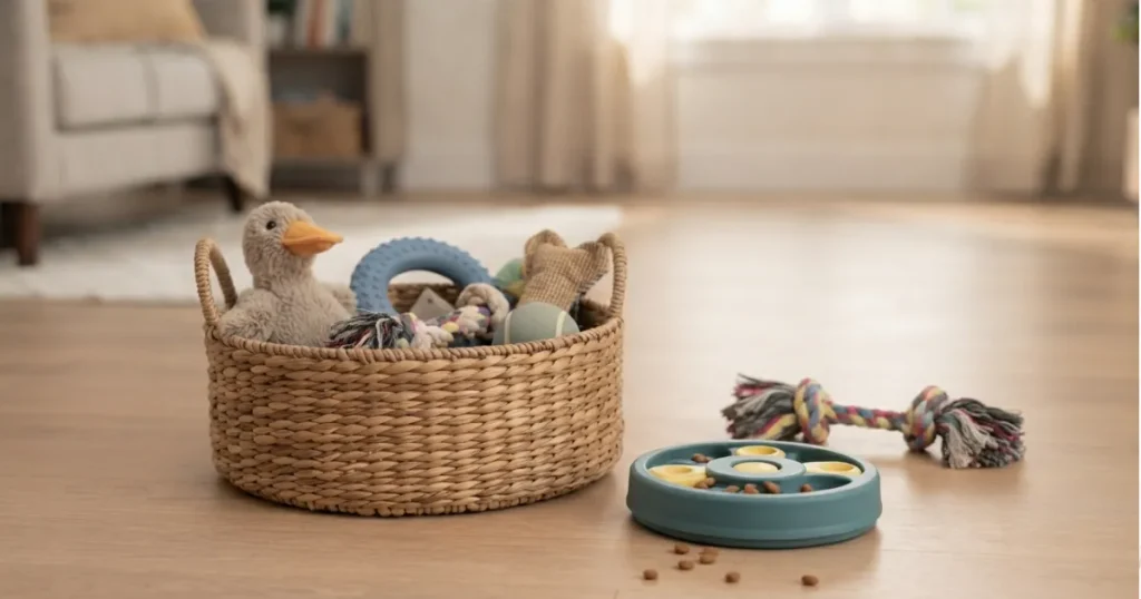 Best Puppy Toys Review: A basket of puppy toys set up for rotation to keep a puppy interested over time.